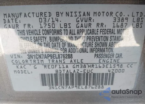 2014 Nissan Versa 1.6 S+ z USA, uszkodzony, nr VIN 3N1CN7AP9EL876288